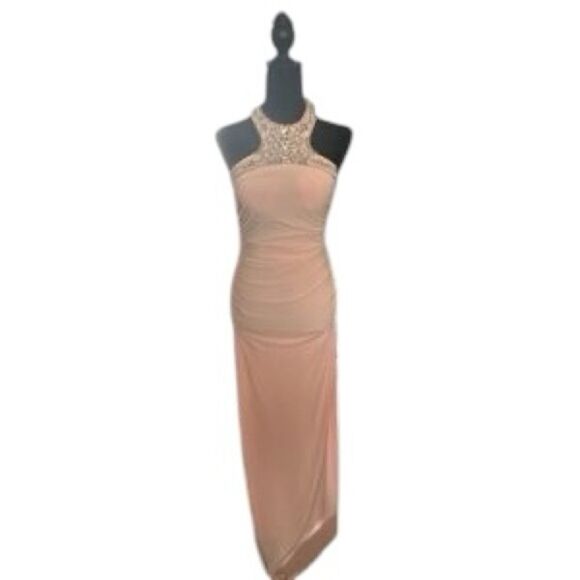 NWT CACHE pink Beaded Women's Ruched Racerback Sleeveless Maxi Evening Dress - Picture 2 of 10